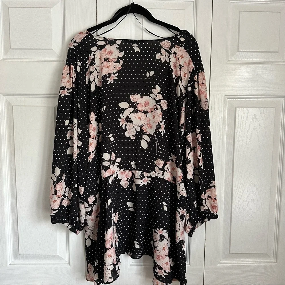 Rose + Olive Blouse Womens 3X Black Floral Polka Dot Wrap VNeck Long Sleeve Boho